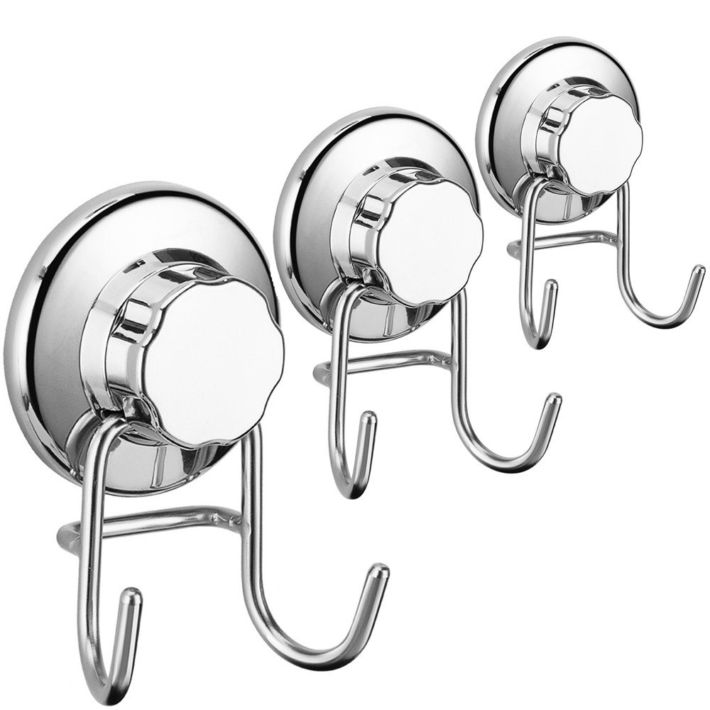 SANNO Suction Cup Hook Holder Shower Hook Super Power Vacumn Suction Bath Hook for Towel Robe Bathroom Kitchen Shower Bath Rustproof Stainless Steel,Set of 3