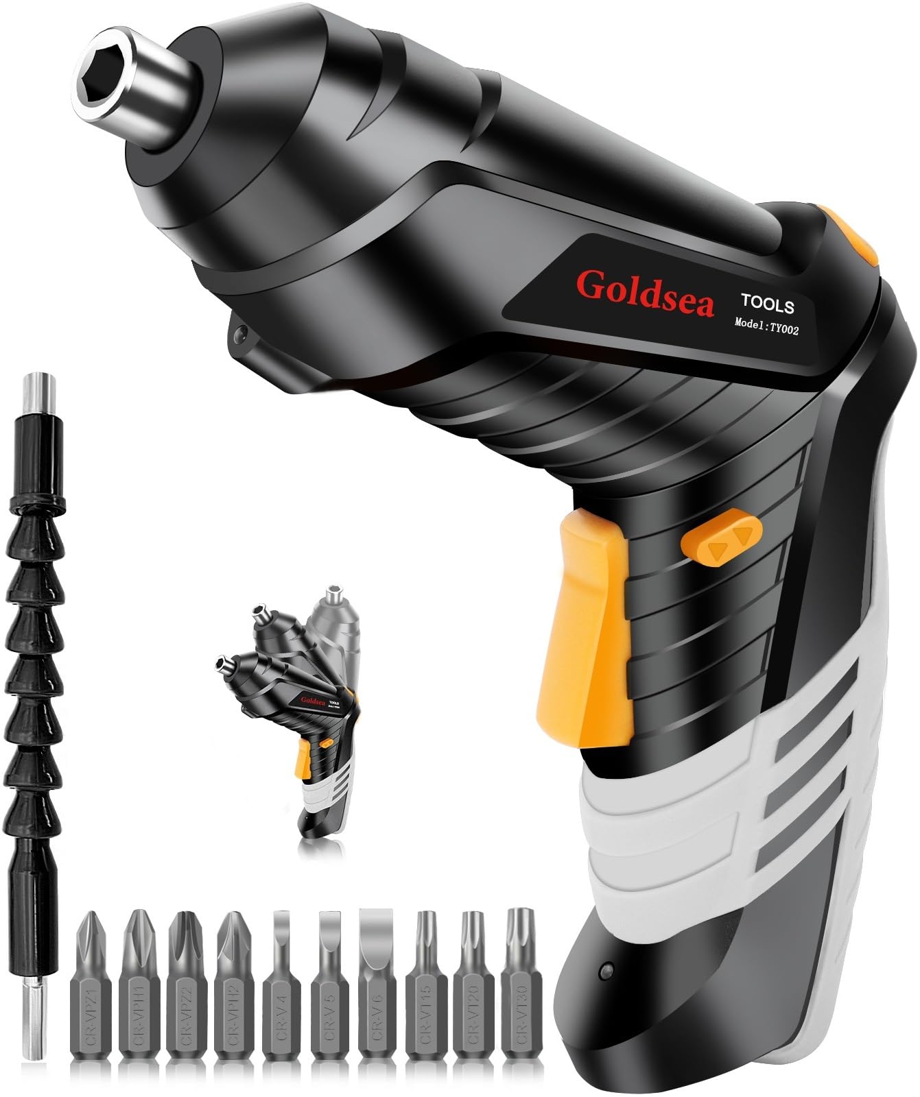 Goldsea 電動ドライバー 小型 4.2V 3.5N.m 正逆転切替 変形ハンドル 1500mAh Type-C充電 連続使用時間60分 10本ビット LEDライト付き コードレス 軽量 DIY 家具組立 家庭用 初心者向け 日本語説明書商品画像