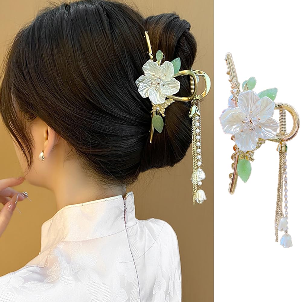 Photo 1 of 1 Pack Flower Hair Claw Clips for Women, Camellia Flower Leaf Hair Clips with Small Pearl Butterfly Tassel Design Metal Gold Strong Hold Hair Jaw Clips Grip Clip for Thick or Thin Hair Accessories