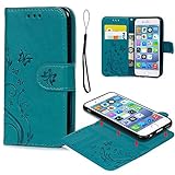 iPhone 6 6S Case, iPhone 6 6S Wallet Case Embossed Butterfly PU Leather Cover Detachable Magnetic Wallet with Card Slots and Wrist Strap for iPhone 6 6S 4.7 inch Blue