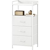 Somdot Nightstand with 3 Drawers, Dresser with Fabric Bins for Bedroom, Hallway, Entryway, Nightstand Bedside Table Furniture, Sturdy Steel Frame, Wooden Top, Easy Pull Fabric Bins, White Leather
