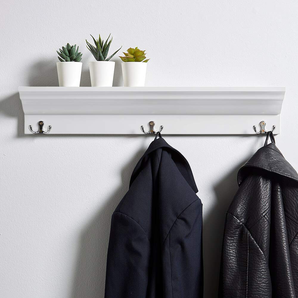 Home Source Hallway Hanging Storage Shelf, 3 Coat Hooks, White