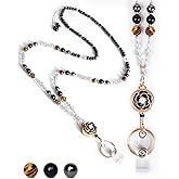 KINGRUNNING Lanyards for ID Badges and Keys, Teacher Lanyard with ID Holder for Women, Natural Stone Beaded – Tiger Eye, Black Obsidian & Hematite, with Flower Petal Badge Reel Retractable