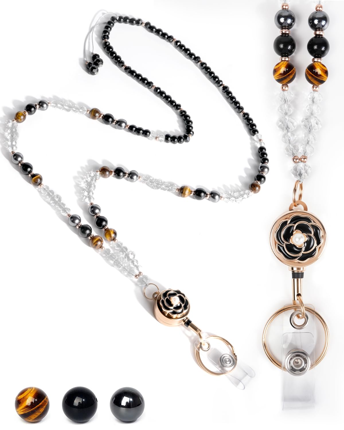 Photo 1 of **USED - MINOR DAMAGE**
KINGRUNNING Teacher Lanyard for ID Badges and Keys,Natural Stone Beaded Flower Petal Badge Reel,12-Inch Retractable Cord for Easy Access,Perfect for Classroom-Tiger Eye,Black Obsidian,Hematite