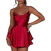 LouVasabuce Women Sexy Backless Short Romper Satin Dress Cowl Neck Tie Ruffle Layer Spaghetti Strap Jumpsuit Mini Dress