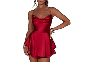 LouVasabuce Women Sexy Backless Short Romper Satin Dress Cowl Neck Tie Ruffle Layer Spaghetti Strap Jumpsuit Mini Dress