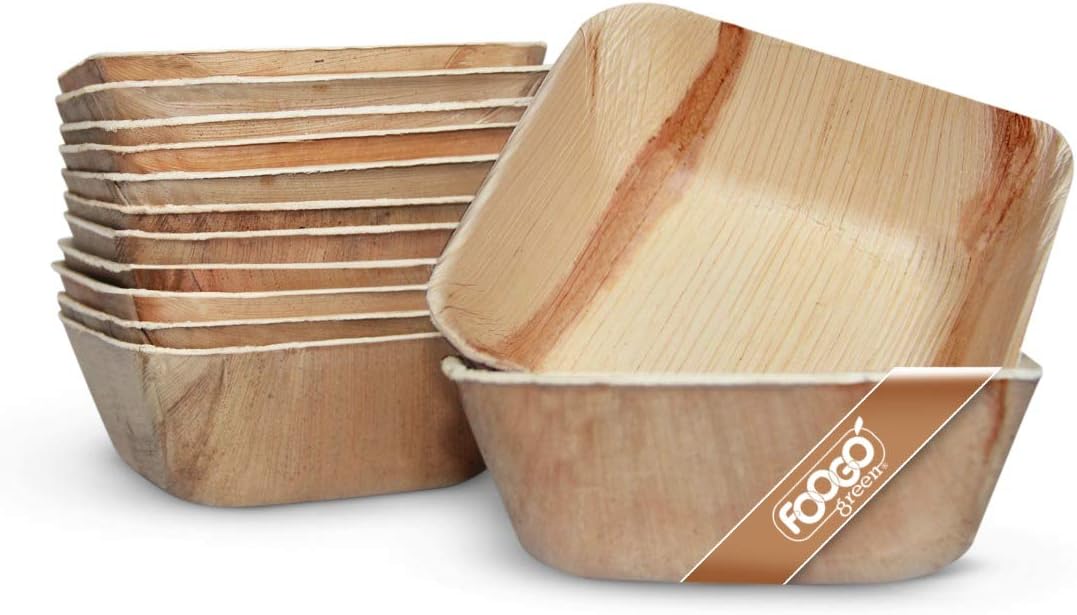 FOOGO Green 25pcs Disposable Palm Leaf Bowls, 5" (13cm) 19.4oz (550ml), for Soup Desserts & Salad, Deep Square