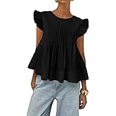 Women's Summer Blouse Ruffled Sleeves Pleated A Line Peplum Babydoll Shirt Top(Black,XL)