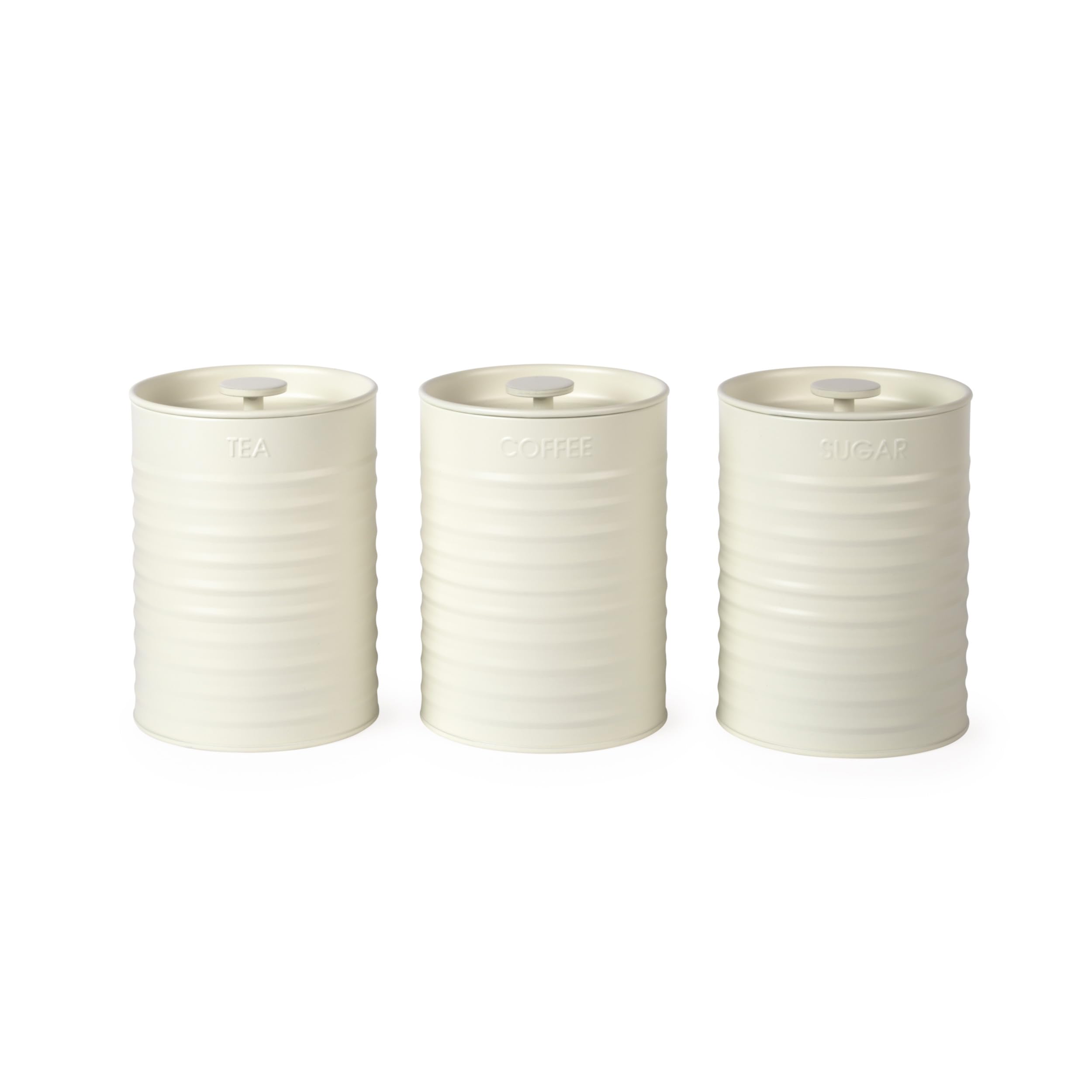 Russell Hobbs Ribbed 3-Piece Canister Set – Set of 3 Kitchen Storage Canisters for Tea, Coffee and Sugar, Durable Powder-Coated Steel, Pull Top Lids, Easy to Clean, Ribbed Design, Cream
