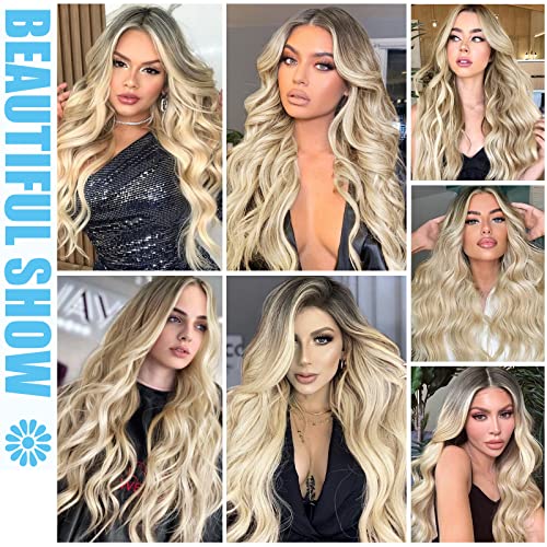 POPTAIYU Long Ombre Blonde Wavy Lace Front Wigs for Women with Dark Roots Synthetic Curly Natural Wavy Heat Resistant Hair for Daily Party Use (Ombre Blonde,26inch)