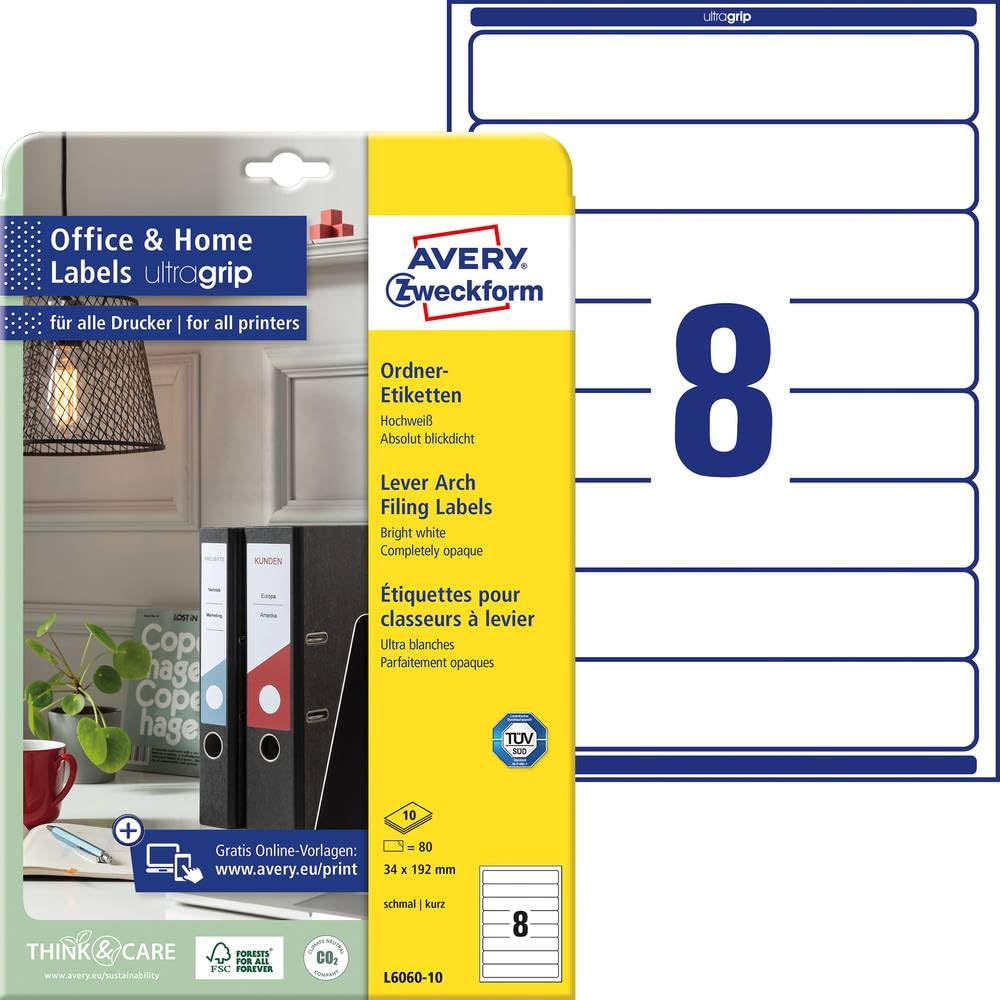 Avery Zweckform L6060-25 A4 Folder Labels, 200 Pieces, Opaque 192 x 34 mm, White 80 Labels 10 Blatt