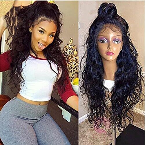 Helene Glueless Lace Front Wigs Long Natural Water Wave Swiss Natural Black Synthetic Lace Front Wig Natural Hairline Heat Resistant Fiber Lace Wigs For Women (22Inch Black Color)