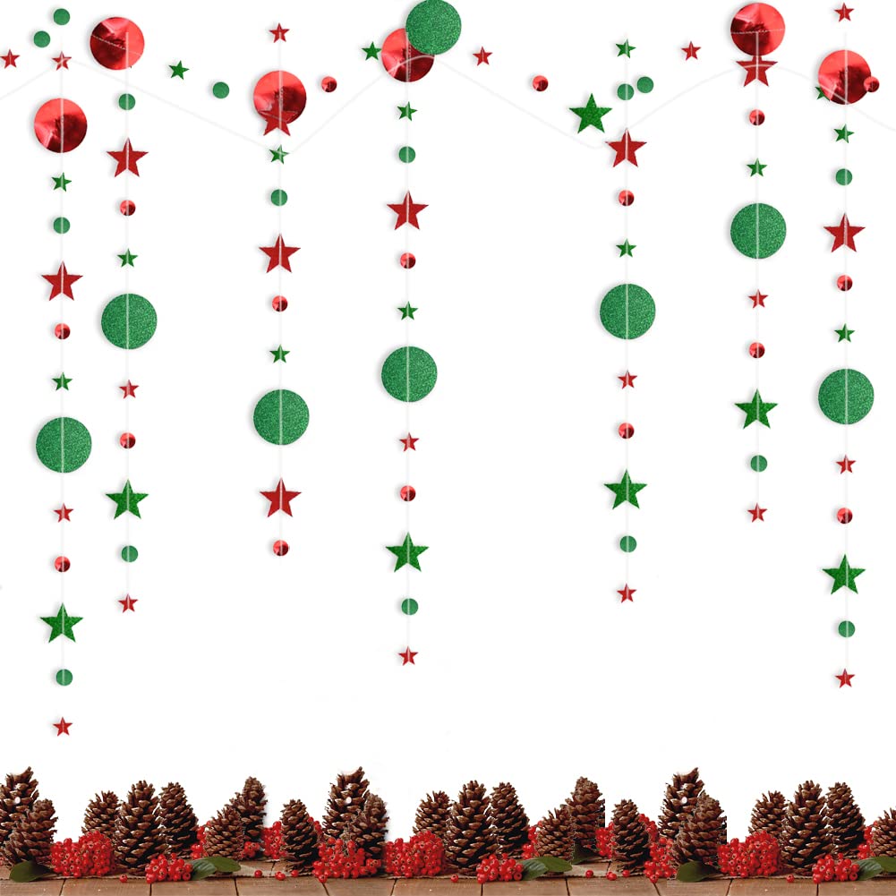 78 Feet Reflective Star Circle Dot Banner Streamer,Glitter Sparkling Star Paper Bunting Hanging Banner Garland Party Decoration for Kid Wedding Baby Shower Christmas Kids Birthday New Year(Red+Green))