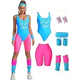 MIAIULIA Womens 80s Workout Costume Outfit 80s Accessories Set Leotard Neon Legging Headband Wristbands Set