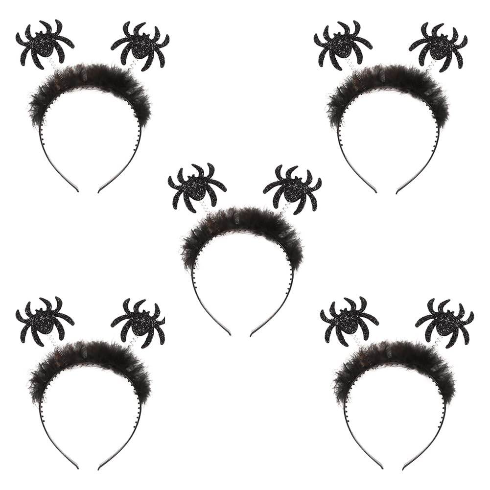 5Pcs Halloween Spider Headband Costume Accessories Hair Hoop Fluffy Hairband Fancy Dress Cosplay Headdress Elastic Headpiece Witch Head Band Black Spider Headwear for Adults Kids Women Girls