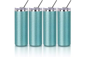 PYD Life Sublimation Blank Glitter Skinny Tumbler Teal 20 OZ Straight Stainless Steel Tumbler with Metal Straw for Tumbler Heat Press Machine Heat Transfer 4 Pack