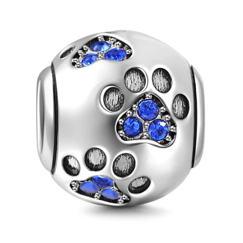 925 Sterling Silver Dog Paw Charm Footprint Charm Animal Charm Birthday Charm Pet Charm for Pandora Bracelet (Blue)