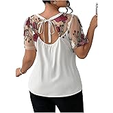 SHENHE Women's Plus Size Floral Embroidered Mesh Short Sleeve Tie Back Dressy Blouse Top