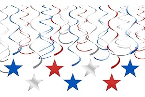 Adeer Red Blue Silver Star Hanging Swirl Decorations Stars Streamers Foil Swirls for Ceiling Decorations Graduation Party Supplies 4th of July Patriotic Decorations, Pack of 30