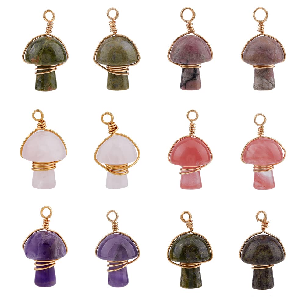 SUPERFINDINGS 12Pcs 6 Styles Mushroom Gemstone Charm Natural Gemstone Pendants with 18K Gold Plated Copper Wire Wrapped Mushroom Pendants Charm Crystal Stone Charms Hole 3mm — image 1