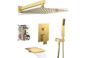 DLVSOBY Shower System Rain Shower Faucet Set with Tub Spout,10 inch Bathroom Wall Mounted Waterfall Bathtub Faucet with Handheld Spray and Rough-in Valve Body and Trim kit,Brushed Gold
