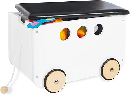 Pinolino - Caja de juguetes Jim, de madera y piel sintética, con cordón y ruedas de madera
