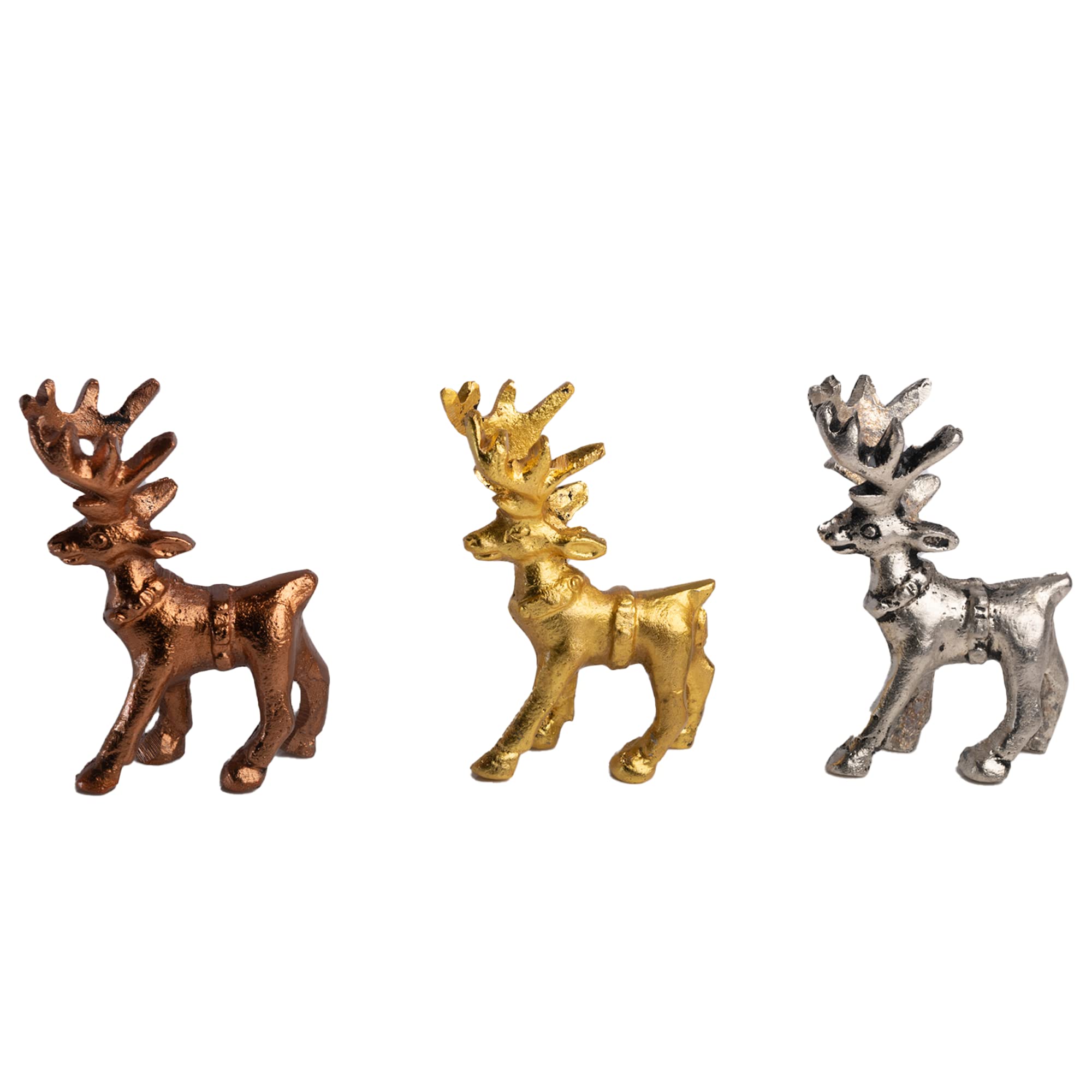 Wonder Care Christmas Deer Figurine - Standing Reindeer Statue, Miniature Deer Table Top Decoration - Gold, Silver & Copper Collection (1 pc Each)