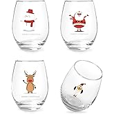 Jogskeor Set of 4 Christmas Themed Wine Glasses, Funny Santa Elk Snowman 15oz Stemless Wine Glasses for Women Men Dad Mom Friends Sisters Coworkers, Wonderful Christmas Gifts