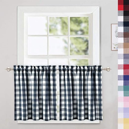 Amazon Com Caromio Cafe Curtains 24 Inch Navy Blue Buffalo Plaid