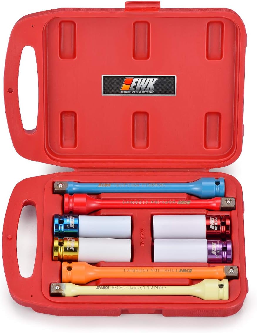 EWK 8 Pcs 1/2 Inch Torque Limiting Extension Bar and Deep Impact Lug Nut Socket Combo Set 80 to 110 Ft-lbs