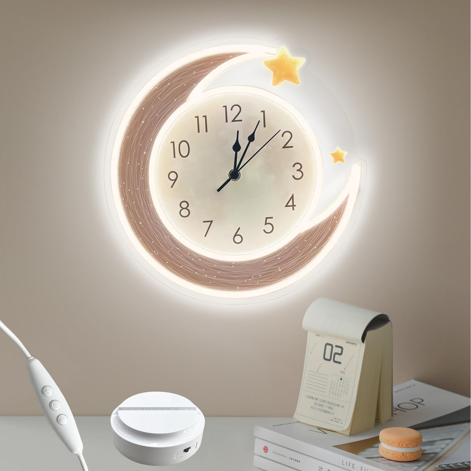 Photo 1 of COLORNEON Brown Moon Neon Clock with Dimmable Light - 4-in-1 USB Powered Wall Light, Table Lamp, Digital Display for Bedroom, Living Room, Nursery, Portable Camping, Moon Night Light