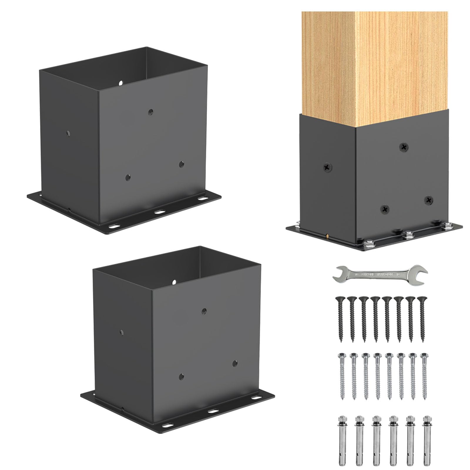 Photo 1 of 2 Pcs Post Base,4”x 6" Post Brackets(Acturl3.6 x5.6), Heavy Duty Black Metal Powder-Coated Thick Steel Post Anchor Outdoor for Support Deck Base Plate, Pergola Bracket Kit,Mialbox Post Mount