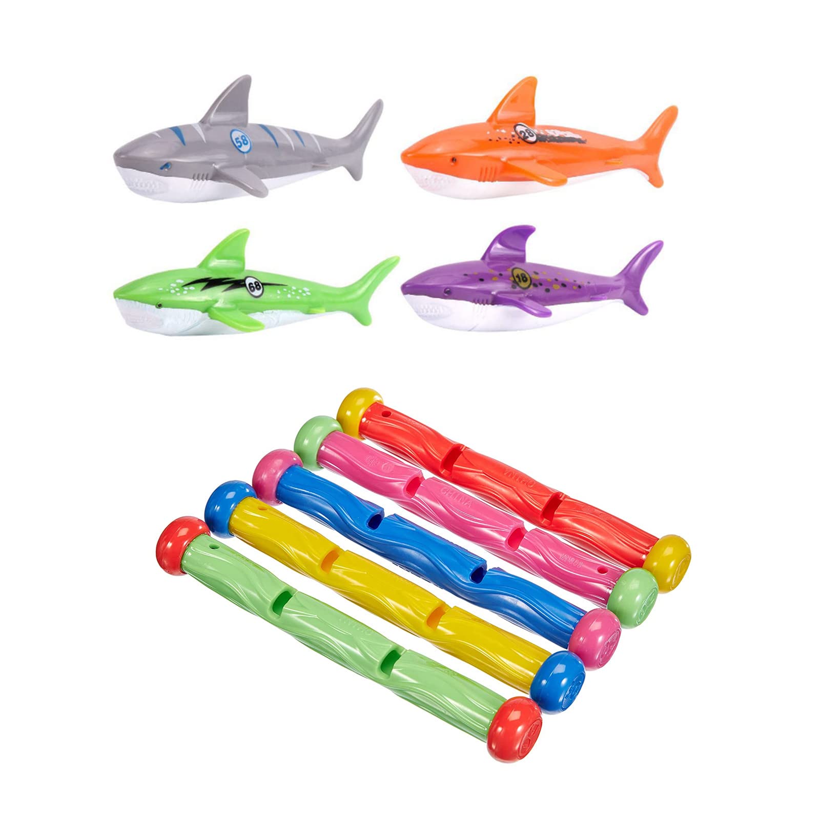 TOPWAYS® Swimming Pool Diving Toys for kids Set, Includes 5 PCS Underwater Dive Sticks, 4 PCS Throwing Shark Swimming Pool Toys