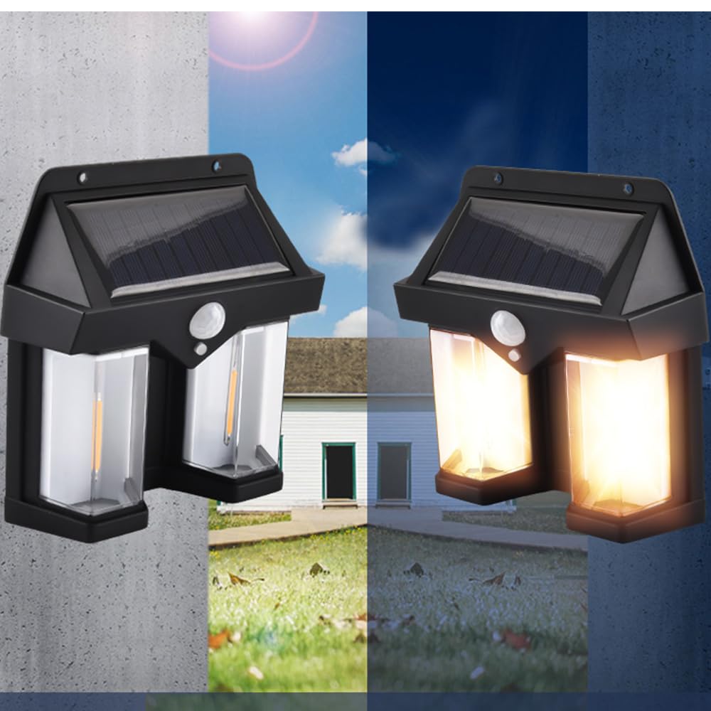 YZYOE Outside Solar Induction Wall lamp Warm Light Dual Core， Wireless Dusk to Dawn Motion Sensor LED Sconce Lights IP65 Waterproof.