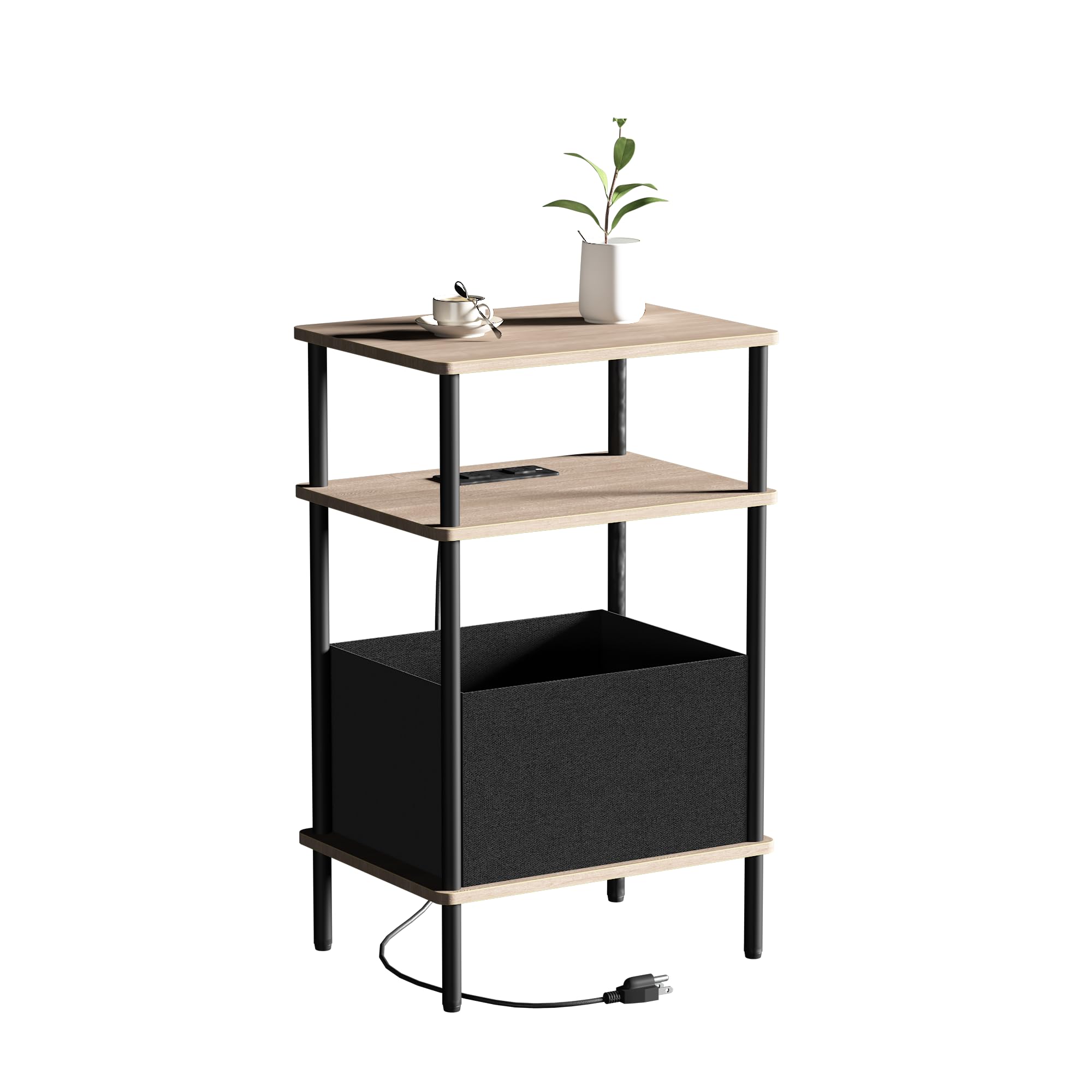Photo 1 of Newmics Small Side Table with Charging Station, End Table for Small Spaces, Slim Nightstand with Outlet,Sofa Beside Table, 3-Tier Storage Shelf,Living Room, Bed Room, Natrual Walnut