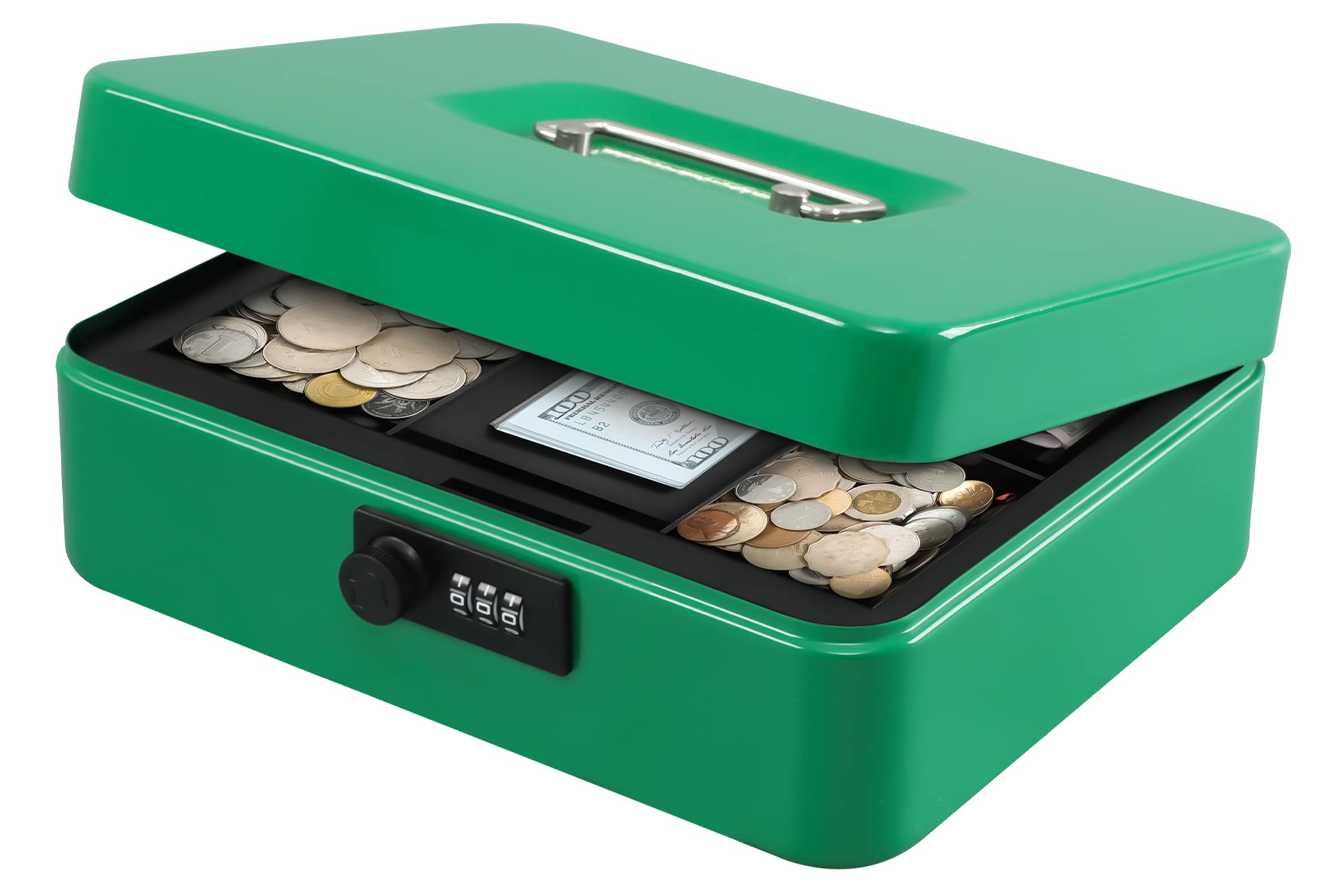 Photo 1 of KYODOLED Large Cash Box with Combination Lock,Safe Metal Box for Money, Storage Lock Box with Money Tray,9.84"x 7.87"x 3.54" Green Large