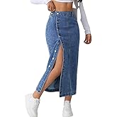 Women's Casual Slit Denim Midi Jean Skirt Stretch High Waisted Button Up Frayed with Pockets