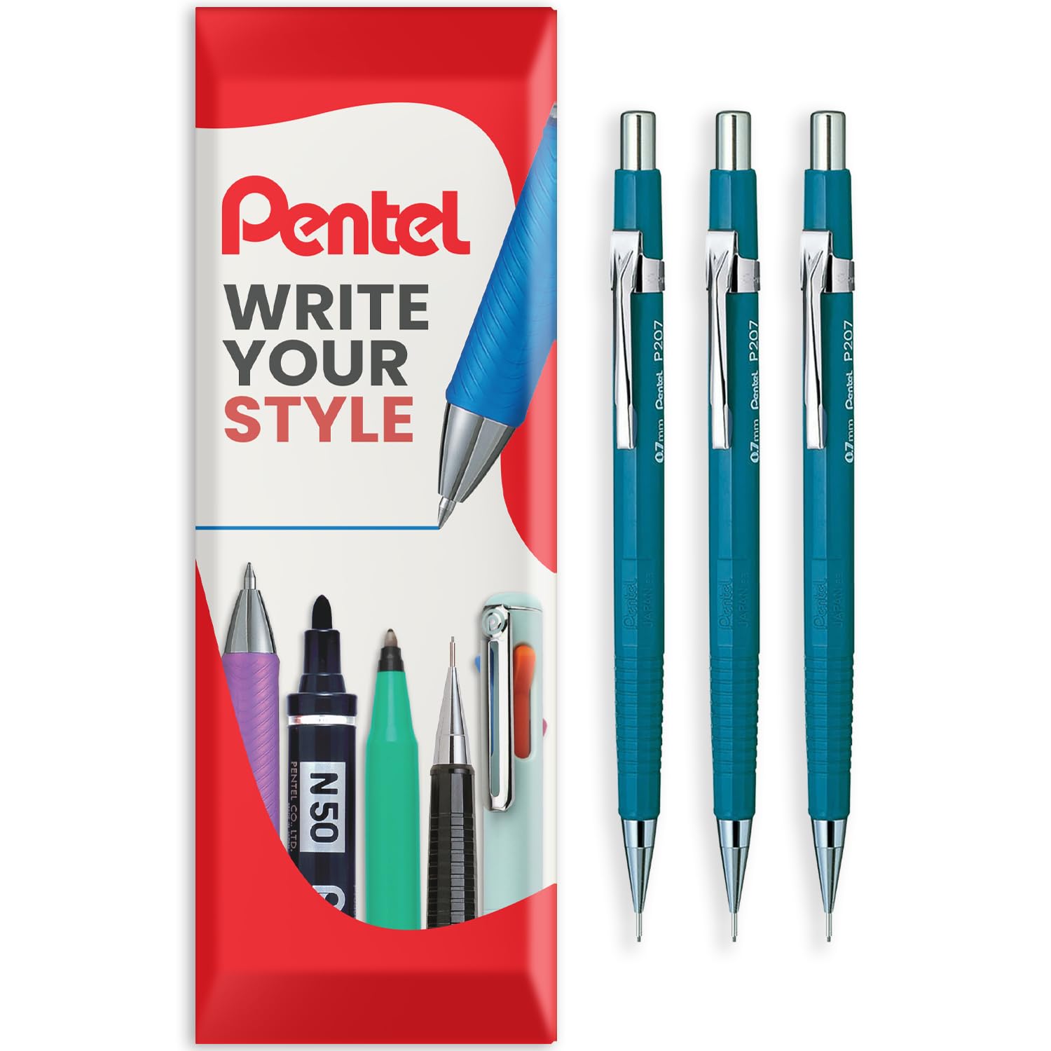 Pentel P200 Series Automatic Mechanical Pencil - Pack of 3 HB Pencils - In Envelope Gift Packaging (P207 (0.7mm))
