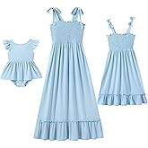 IFFEI Mommy and Me Dresses Summer Matching Outfits Spaghetti Strap Square Neck Ruffle A Line Beach Long Maxi Dress