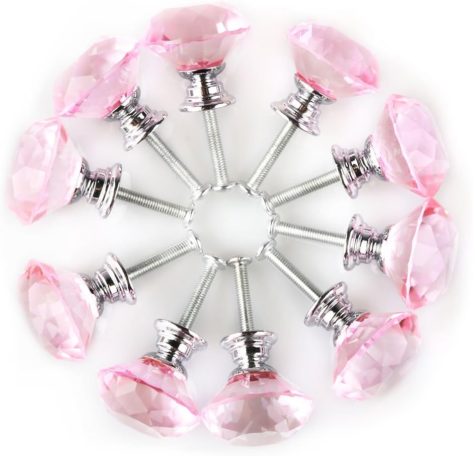 MAIKEHOME Pink Crystal Knobs, 10 X 30MM Acrylic Glass Diamond Cut Cabinet Door Drawer Knob Kitchen Dresser Wardrobe Pull Handle with Screws for Home Decorating