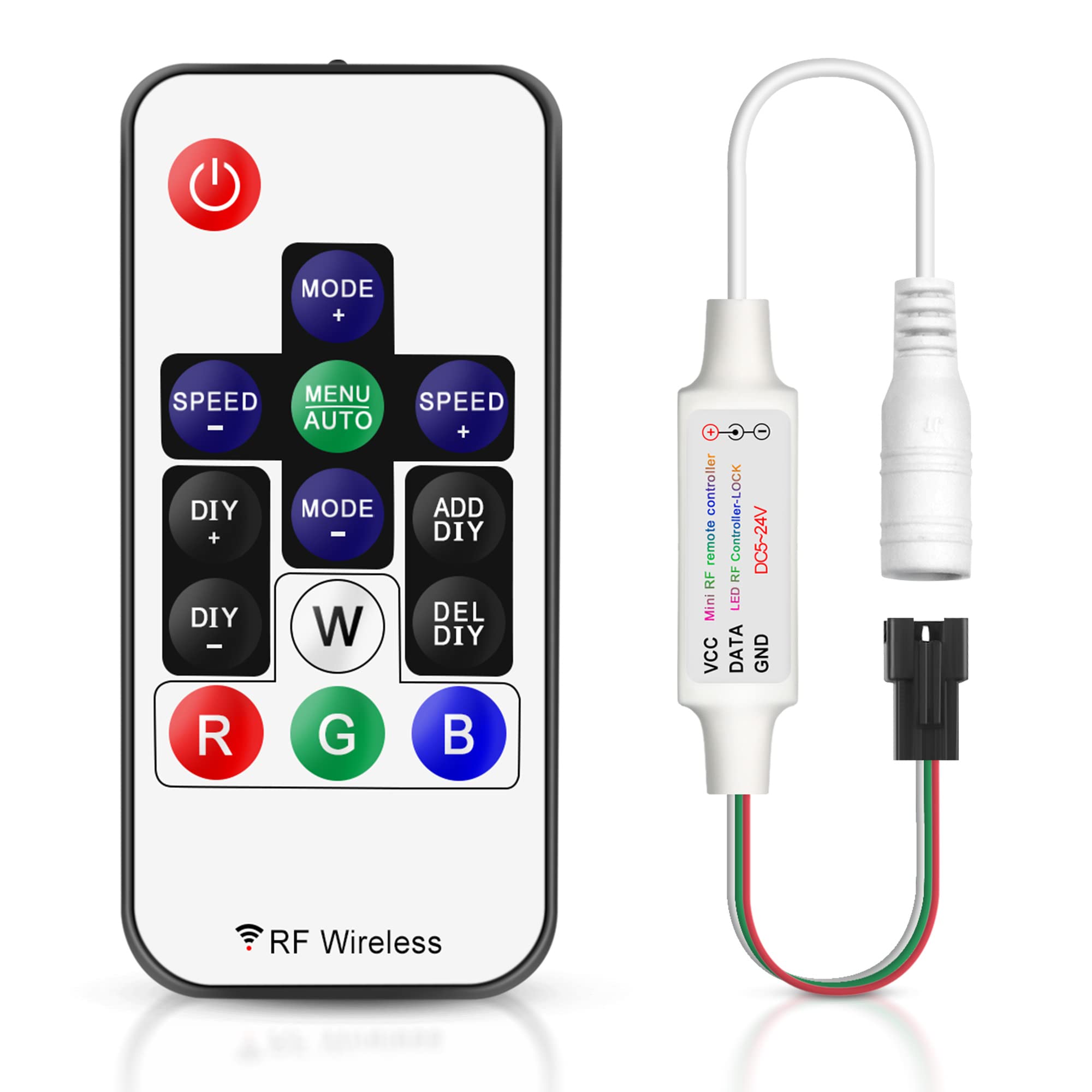 VIPMOON 14-Key RF Dream Colour Wireless Remote LED Controller with 3 Pin JST Connector, DC 5-24V LED Strip Light Controller, Compatible with RGBIC SMD 5050 2835 WS2811 WS2812B LED Strip Lights