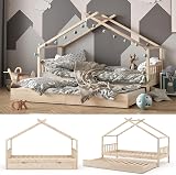 VitaliSpa House Bed 90x200 cm, Natural Wood, Guest Bed & Safety Rail view 4