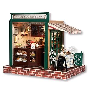 Rylai 3D Puzzles Miniature DIY Dollhouse Kit The Star Coffee Bar Series Dolls Houses Accessories with Furniture LED Music Box Best Birthday Gift