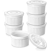 vancasso 6 oz Ramekins with Lid, Porcelain Creme Brulee Souffle Dishes, White Pudding Custard Cups Ramiken for Baking, Dishwasher and Oven Safe, Set of 6