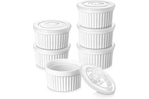 vancasso 6 oz Ramekins with Lid, Porcelain Creme Brulee Souffle Dishes, White Pudding Custard Cups Ramiken for Baking, Dishwa