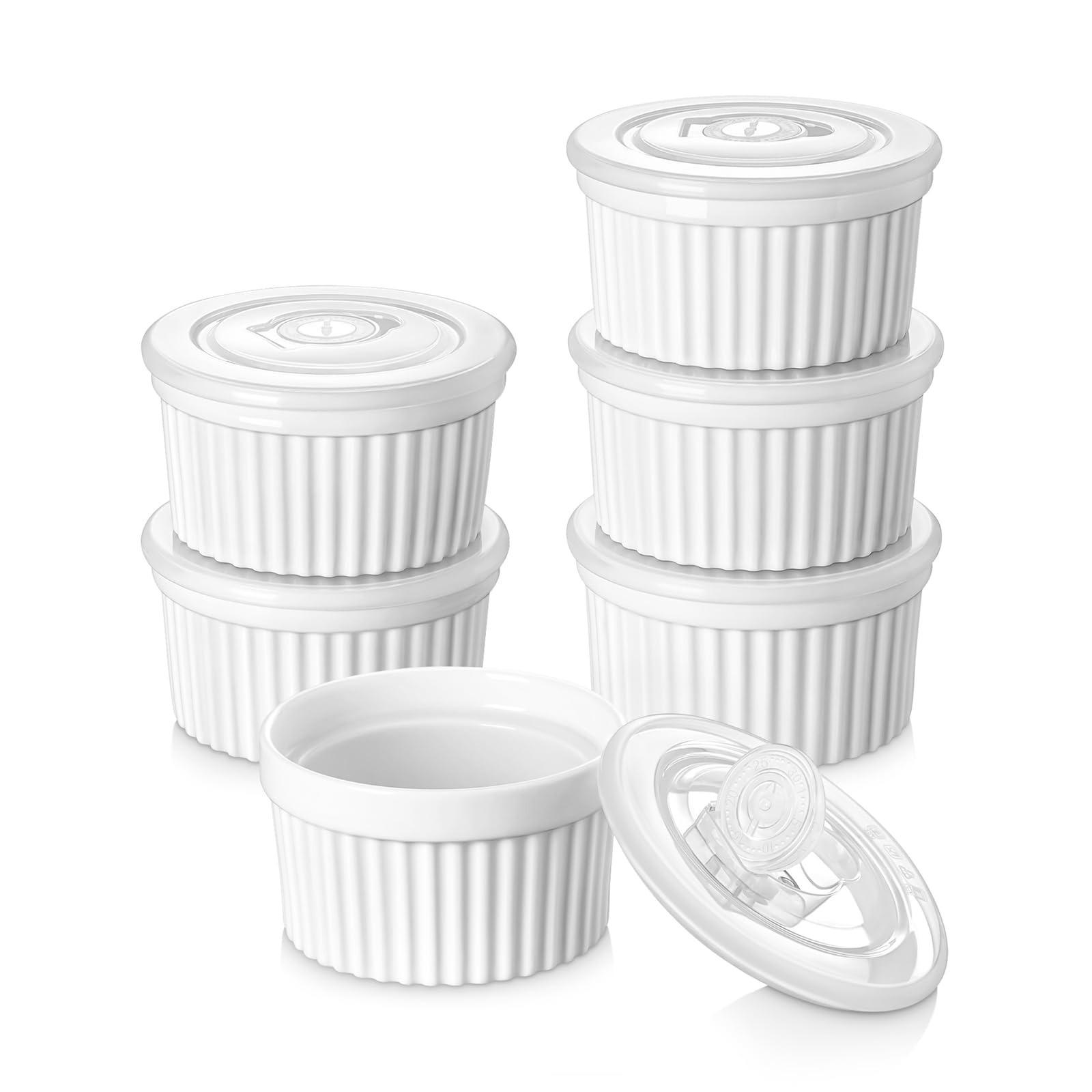 vancasso 6 oz Ramekins with Lids, Souffle Dishes Set of 6, 9.5cm White Porcelain Creme Brulee Ramekins, Baking Cups for Pudding, Fruits, Dips, Dishwasher and Oven Safe