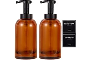 UUJOLY Foaming Hand Soap Dispenser Glass Jar Foam Dish Soap Dispenser for Bathroom and Kitchen Sink, Liquid Pump Bottle for Shampoo, Body Wash, Amber, 2 Pack
