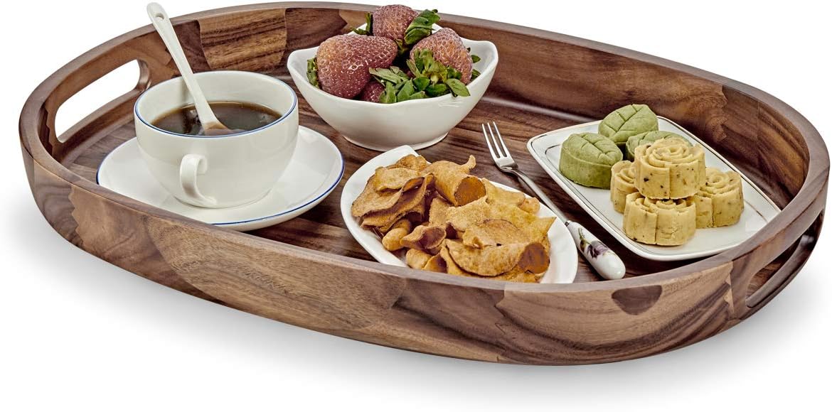 Wooden Serving Tray - Oval Acacia Wood Decorative Tray with Handles for Parties and Breakfast in Bed or on Ottomans - 17 x 11.75 x 2 Inches: Home & Kitchen