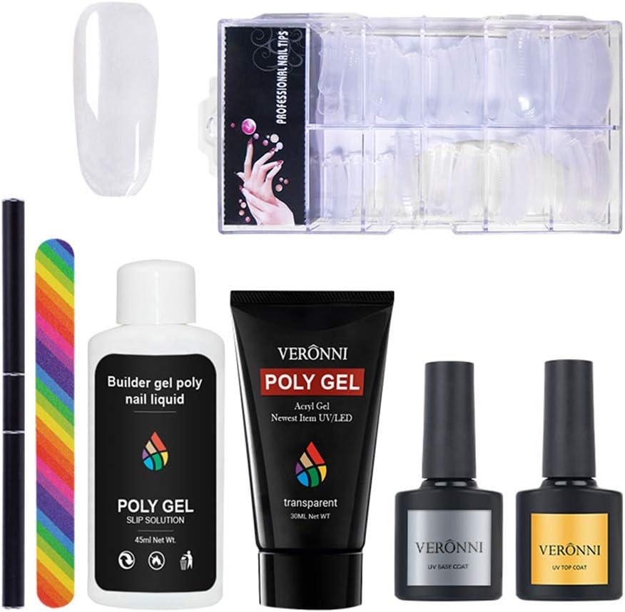 Nail Poly Gel Builder Kit, Nail Extension Set Nail Art Manicure Kit, Home and Salon Polygel Nail Kit Acrylic Nail with Top and Base Coat, Slip Solution, Soak Off Poly Gel, Nail File, Nail Tips