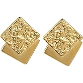DIAMANTIO Chunky Textured Geometric Gold Drop Earrings for Women – 18K Gold Plated, Bold Square Statement Studs – Modern Retro Jewelry for Parties, Fashion Events & Everyday Glam